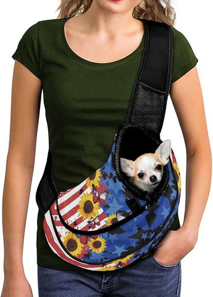 FUSURIRE American Flag Sunflower Print Small Dog Sling Cat Carrier Adjustable Strap Hands Free Pet Puppy Travel Bag Backpack for Women Girls