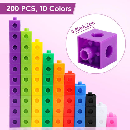 HSDAV 200 Pcs Math Linking Cubes - 10 Colors Connecting Counting Snap Blocks, Math Manipulatives for Early Math & Construction, Educational Toy for Preschool, Kindergarten, Homeschool
