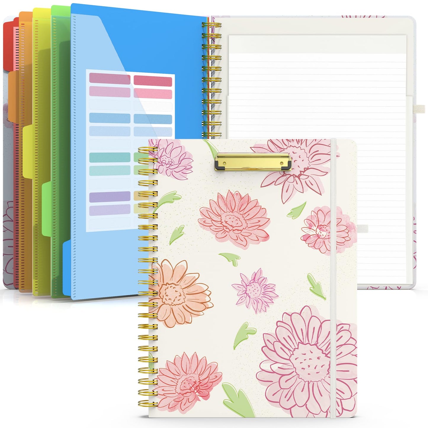Sooez Clipboard Folio with Refillable Notepad, Folder with 10 Storage Pockets for Letter Size, Spiral Clipboard Notebook, Cute Portfolio for School, Office & Nursing