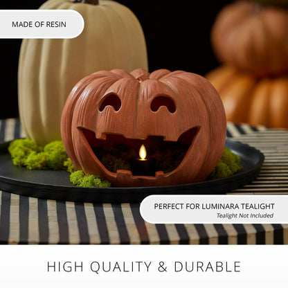Luminara Jack-o'-Lantern Pumpkin Tealight Holder - Orange 10" x 6.75" - Halloween Dry Brush Resin Fall Home Autumn Harvest Festival Party Decor