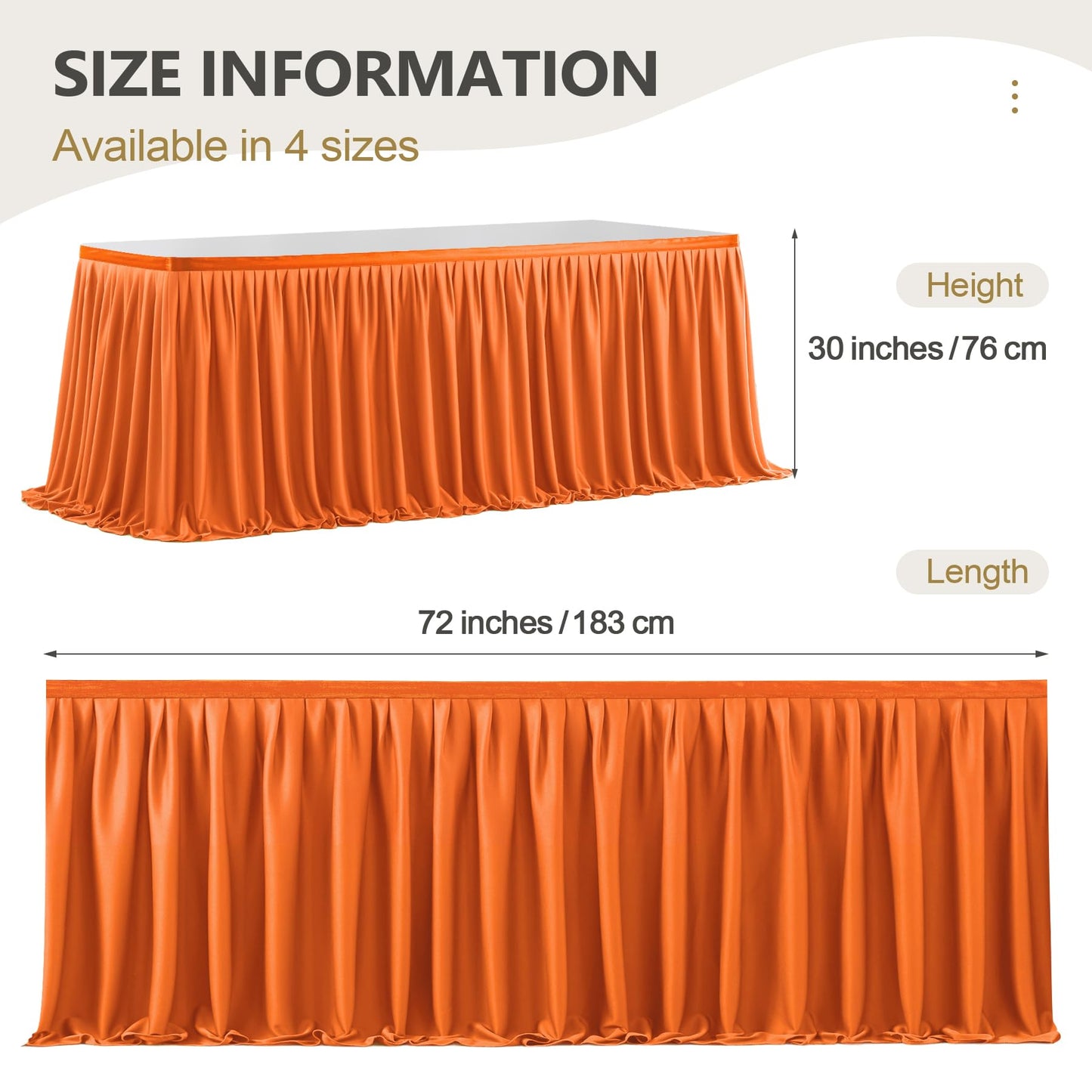 Wish Care 6ft Long Orange Table Skirt for Rectangle Tables - Wrinkle Resistant Polyester Pleated Table Skirting for Parties Weddings Office
