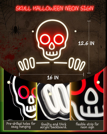 Skull & Skeleton Neon Sign, 16’’×12.6’’ Dimmable LED Wall Light, USB Powered Gothic Room Decor for Bedroom, Party, Bar, Game Room Halloween Christmas Gifts