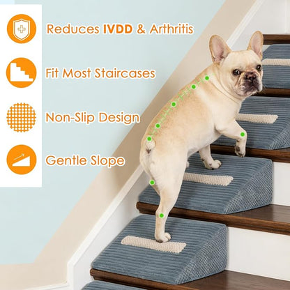 Foam Dog Ramp for Stairs, Low-Impact Climbing Dog Stairs for Senior Dogs | 5.1"H, 6 Pack, 40D High-Density Foam Won't Collapse, Protects Joints, Anti-Slip & Self-Sticky Pads, Washable Cover, Grey