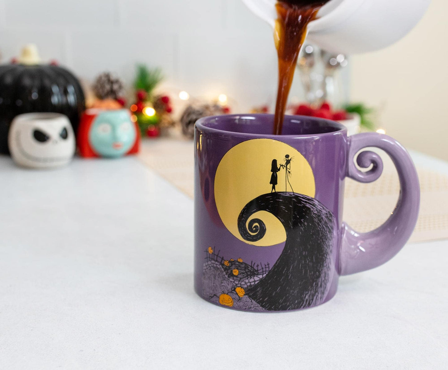 Nightmare Before Christmas Disney The Jack & Sally Spiral Handle Ceramic Mug | BPA-Free Large Coffee Cup For Beverages, Home & Kitchen Essentials | Halloween Gifts and Collectibles | Holds 20 Ounces