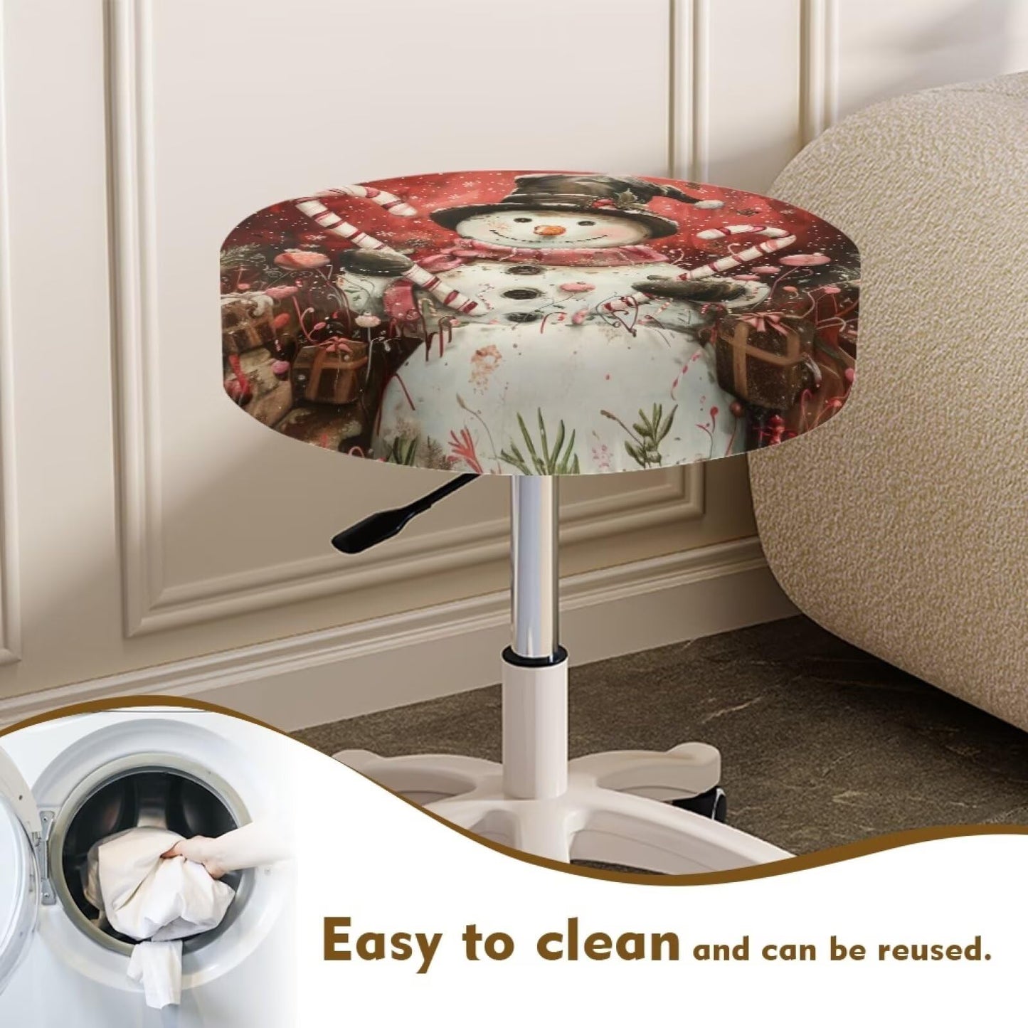 Wiryuouvt Cute Snowman Elastic Seat Covers for Chairs Newspaper Barstool Seat Covers Round Bar Stool Seat Covers Bar Chair Covers with Non Slip Bottom Cushion Chair Slipcover L