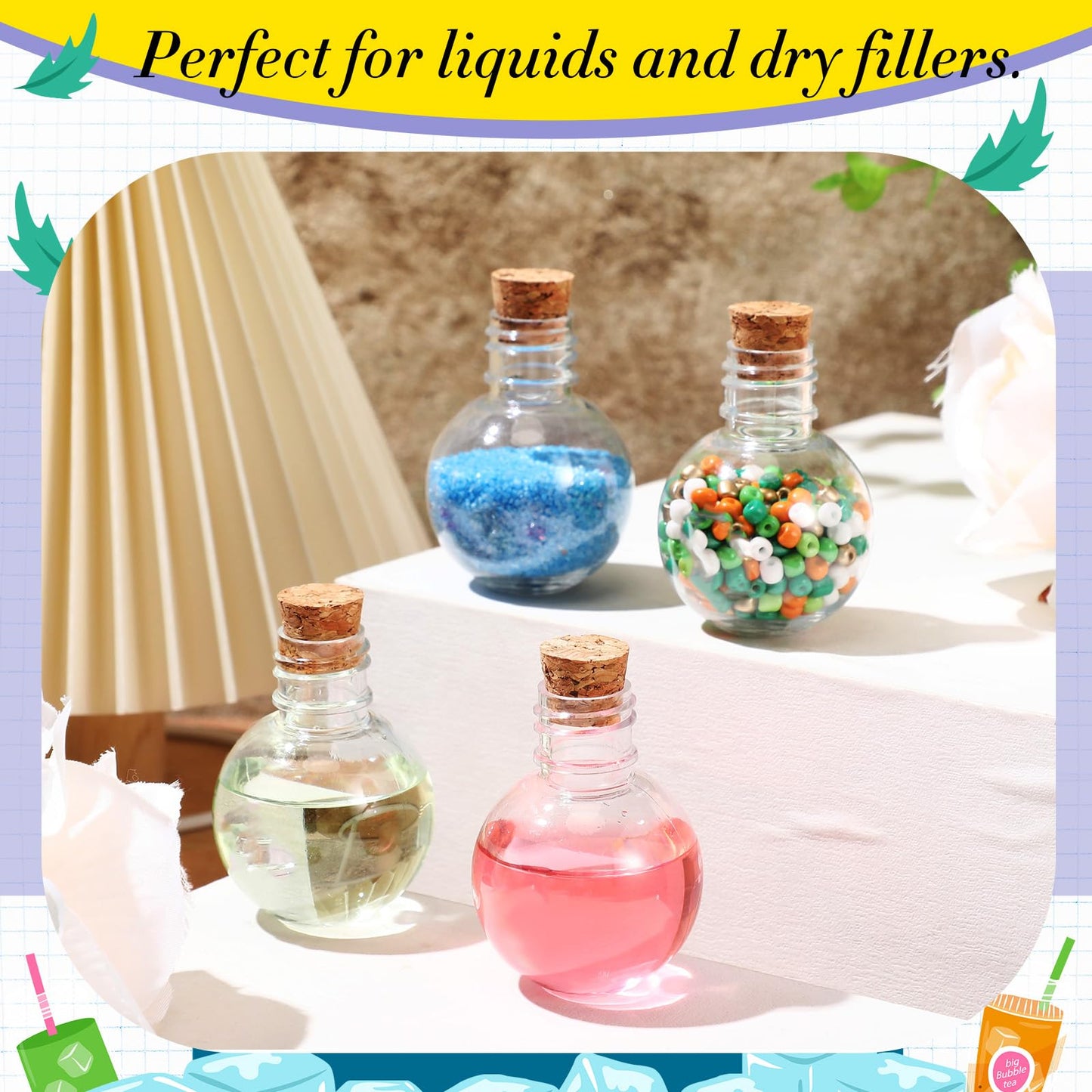 Bokon 25 Pack 1oz Plastic Mini Potion Bottles with Corks, Small Sand Art Jar Tiny Clear Liquor Bottles Bulk Wishing Vial for Birthday Halloween Valentines Party Favor DIY Craft