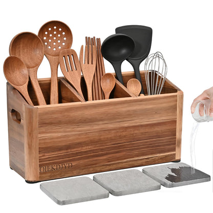 OIEKDJYD Wooden Utensil Holder for Kitchen Counter - Large Utensil Organizer with 3 Compartment, Cooking Tool Crock & Farmhouse Kitchen Accessories