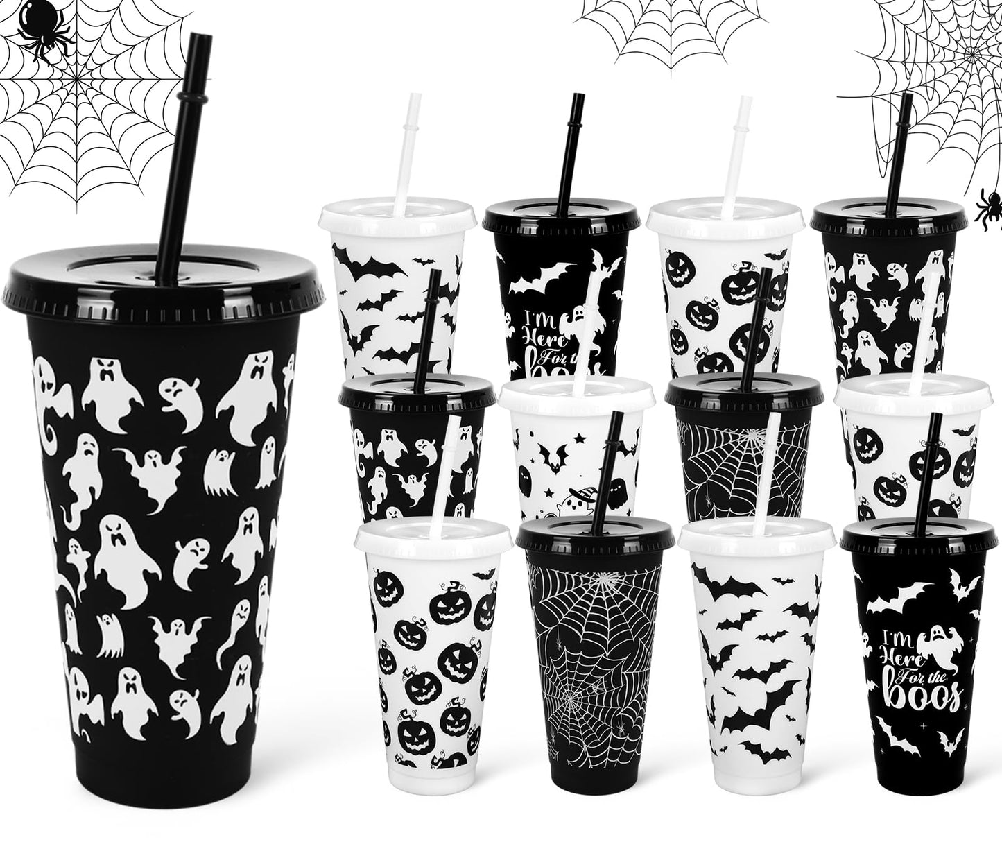 JarThenaAMCS 24Pcs Halloween Plastic Cups with Straws Lids 24oz Reusable Ghost Bat Pumpkin Spider Web Plastic Tumbler Black White Cold Cups for Halloween Home Office Party Supplies