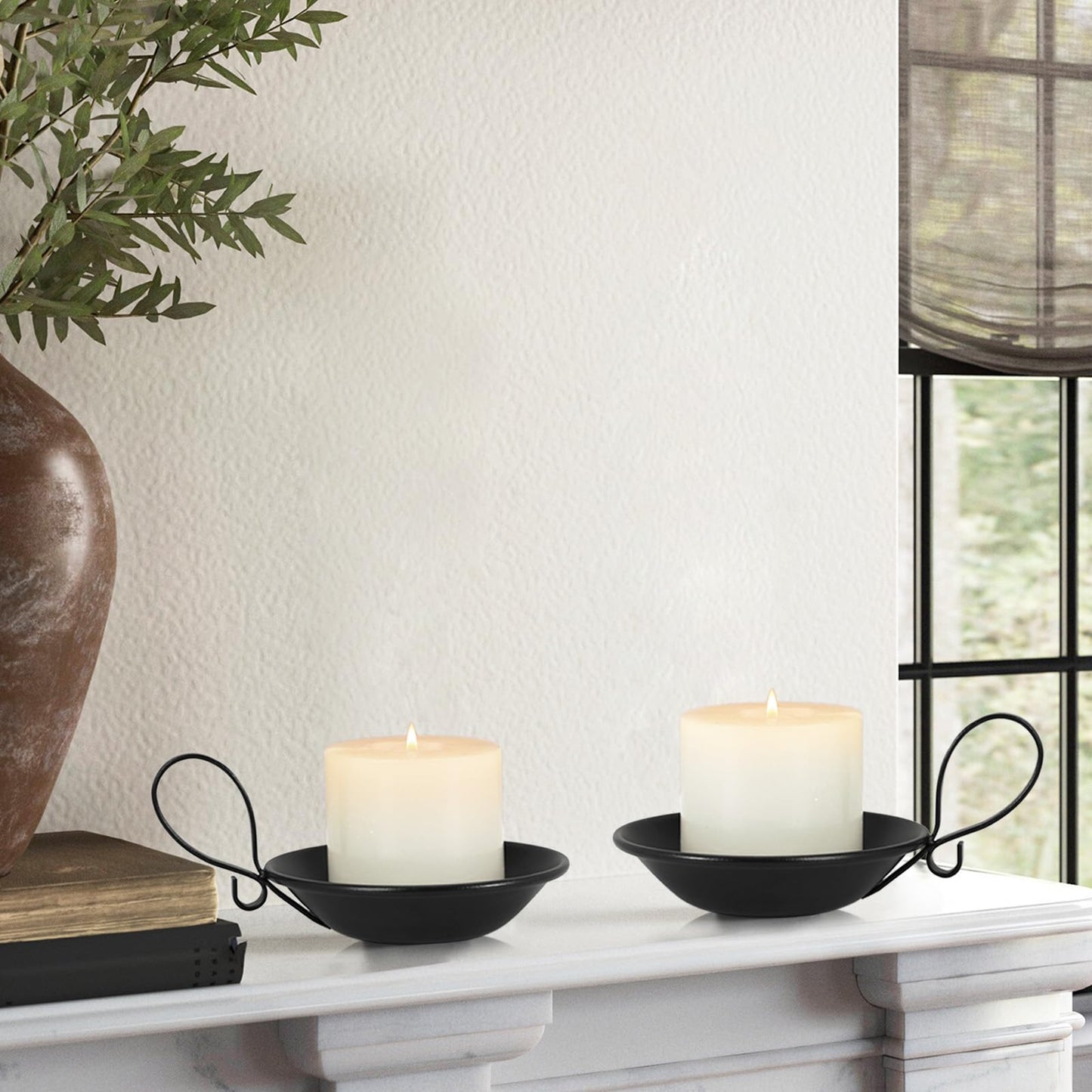 Matte Black Iron Candle Holder with Handle, 2pcs Iron Pillar Candle Holders with Safety Spike for Pillar/Ball Candles, Table Centerpiece Decoration