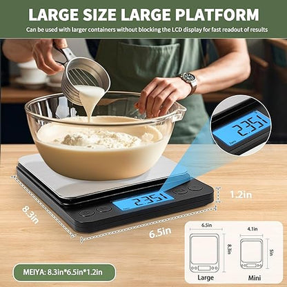 MEIYA Food Scale Grams and Ounces, Plus Size Digital Kitchen Scale for Cooking Baking, 5kg/0.1g High Accurate Gram Scale with USB Charging, 2 Tray, LCD Backlit Display, Stainless Steel Pan Easy Clean