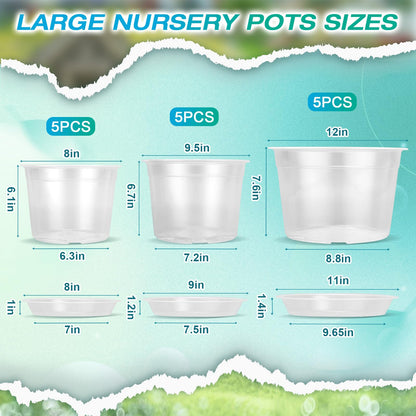 HKKZYT 8/10/12 Inch Clear Nursery Pots with Drainage and Sacuers, 15 Pack Plastic Pots for Plants Indoor Outdoor, Variety Large Clear Pots for Flowers, Succulents (8/10/12inx5pcs)
