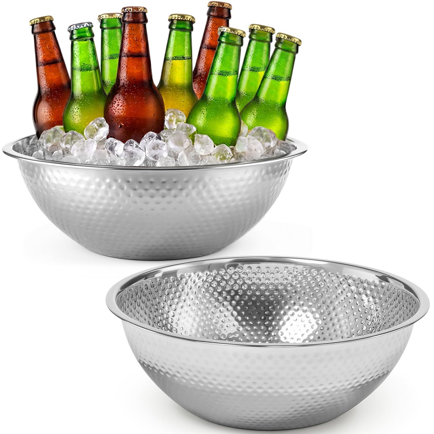 Acellegic 2 Pcs Large Silver Hammered Stainless Steel Beverage Tub 15.35x5.12 Inch, 16.4 Qt Leak-proof Ice Bucket for Parties, Champagne Wine Chiller Bowl, Luxury Drink Cooler for Wedding, Mimosa Bar