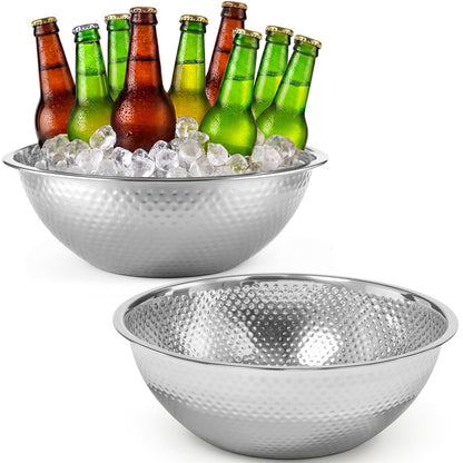 Acellegic 2 Pcs Large Silver Hammered Stainless Steel Beverage Tub 15.35x5.12 Inch, 16.4 Qt Leak-proof Ice Bucket for Parties, Champagne Wine Chiller Bowl, Luxury Drink Cooler for Wedding, Mimosa Bar