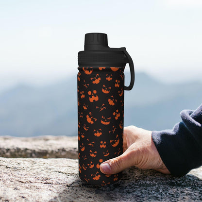 SOUWEWU 18oz Scary Pumpkin Face Sports Water Kettle with Handle, Double Wall Vacuum Insulated Hot and Cold Black Tumbler, Halloween Print Water Bottle for Gym Outdoor