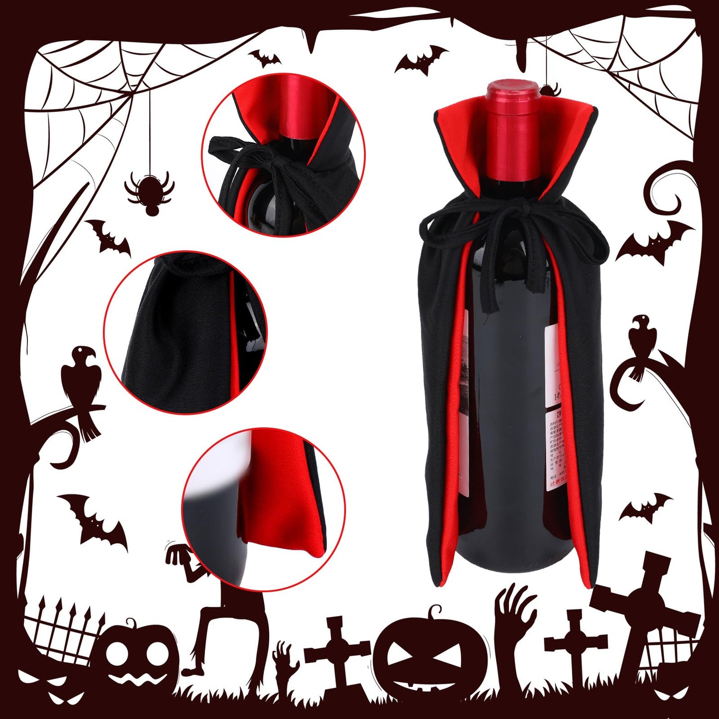 2pcs Halloween Wine Bottle Covers, Knitted Fabric Vampire Cape Bottle Decoration Halloween Party Decorations Home Decor & Themed Events (Black and Red)