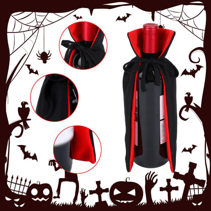 2pcs Halloween Wine Bottle Covers, Knitted Fabric Vampire Cape Bottle Decoration Halloween Party Decorations Home Decor & Themed Events (Black and Red)