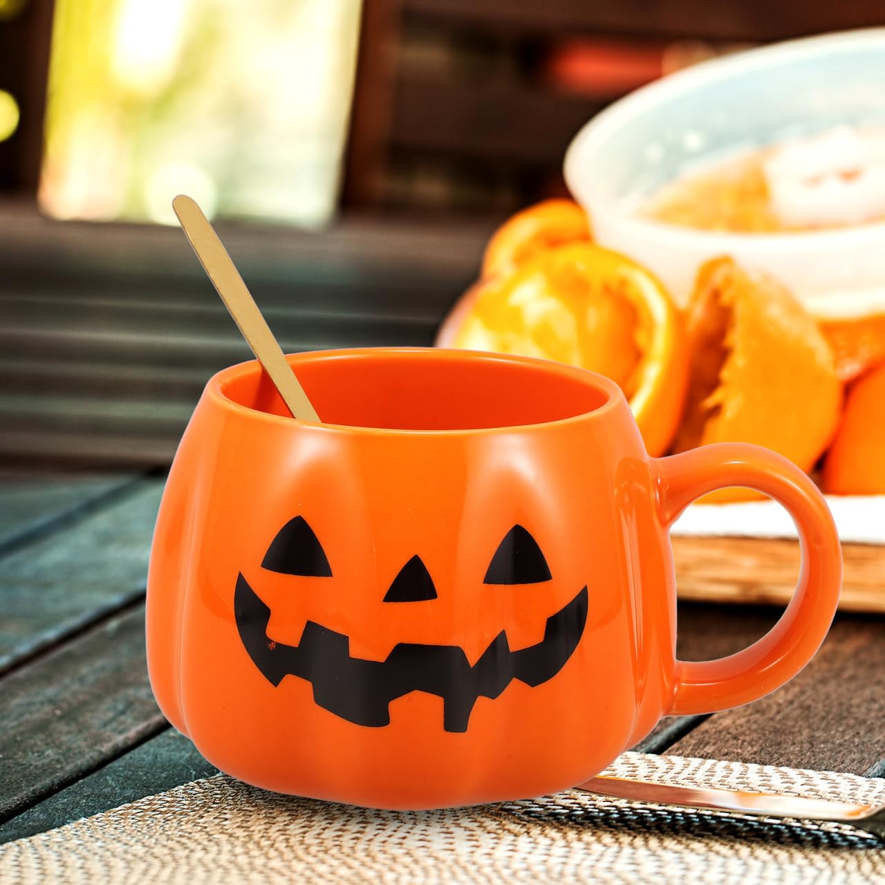 Healifty Halloween Pumpkin Mug with Spoon 12 Oz Ceramic Coffee Cup Pumpkin Shape for Home Office Tea Juice Milk Water