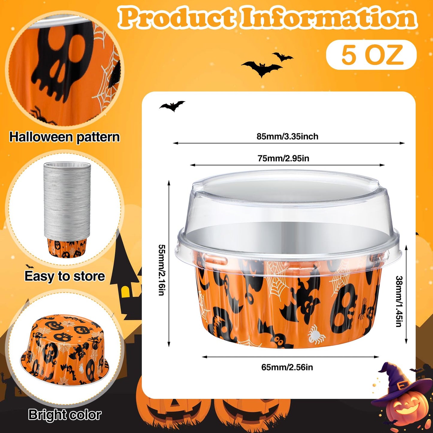 Gandeer 200 Pack Halloween Cupcake Baking Cups with Lids, Aluminum Foil 5 oz Round Cupcake Liners, Disposable Cake Pans, Mini Dessert Containers Flan Mold for Halloween Spooky Party