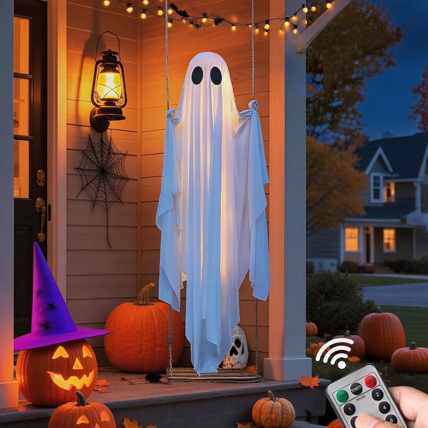 TitTees Halloween Decorations Outdoor, 5FT Large Hanging Ghost Swing with Remote Control String Lights, Spooky Cute Ghosts Decorations for Tree Porch Yard Garden Lawn