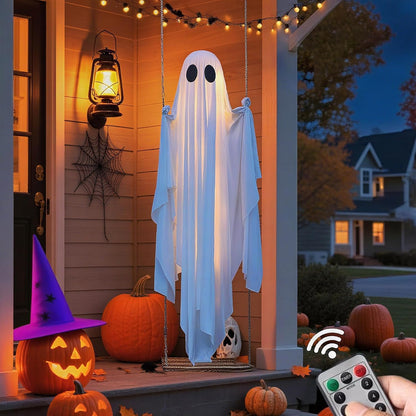 TitTees Halloween Decorations Outdoor, 5FT Large Hanging Ghost Swing with Remote Control String Lights, Spooky Cute Ghosts Decorations for Tree Porch Yard Garden Lawn