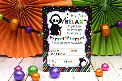 Relax! Funny Grim Reaper Themed Halloween Party Invitations, 20 5x7 Fill In Cards with Twenty White Envelopes by AmandaCreation