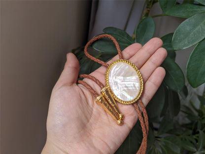 Himongoo Golden Mother of Pearl Bola Bolo Tie - Brown Leather Wedding Necktie for Men Women - Western Style Bolo Necktie