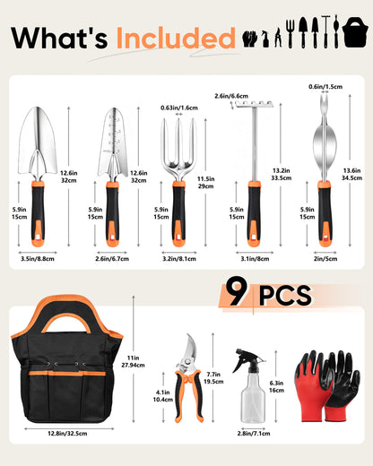 9-Piece Stainless Steel Garden Tools Set, HaSteeL Outdoors Gardening Hand Utensils Kit with Storage Bag, Rust Resistant, Heavy Duty, Gift for Women/Man/Gardeners
