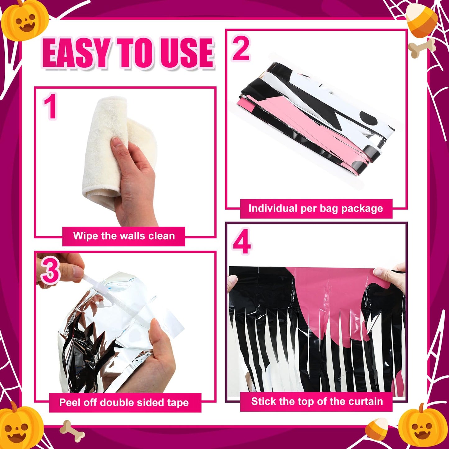 Suncalla 2 Pack Pink Ghost Halloween Party Decorations Halloween Metallic Foil Fringe Curtain 3.3 x 6.6 ft Photo Booth Prop Backdrop Streamers for Night Party Supplies Pink and Black Birthday Decor