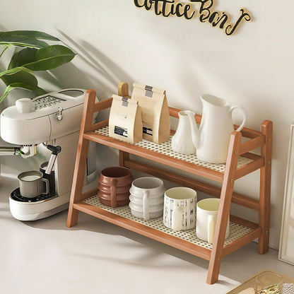FYRLFB Household 2-Tier Cup Shelf Organizer, Kitchen Counter Shelf for Tea Coffee Bar Accessories, Bamboo Mug Holder Countertop, Matcha Stand, Cup Display, Condiment Storage Rack - Brown