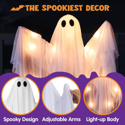 JOYIN Halloween Hanging Light up Ghost, 47” White Ghosts with Warm White LED Light and Timer Halloween Hanging Decoration Waterproof for Front Yard Patio Lawn Garden Party Decor Indoor Outdoor
