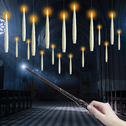 AFINETH Flameless Floating Candles with Wand, Magic Hanging LED Candles, Ivory Battery Operated Electric Taper Candles for Halloween, Christmas, Birthday Parties, 12 PCS