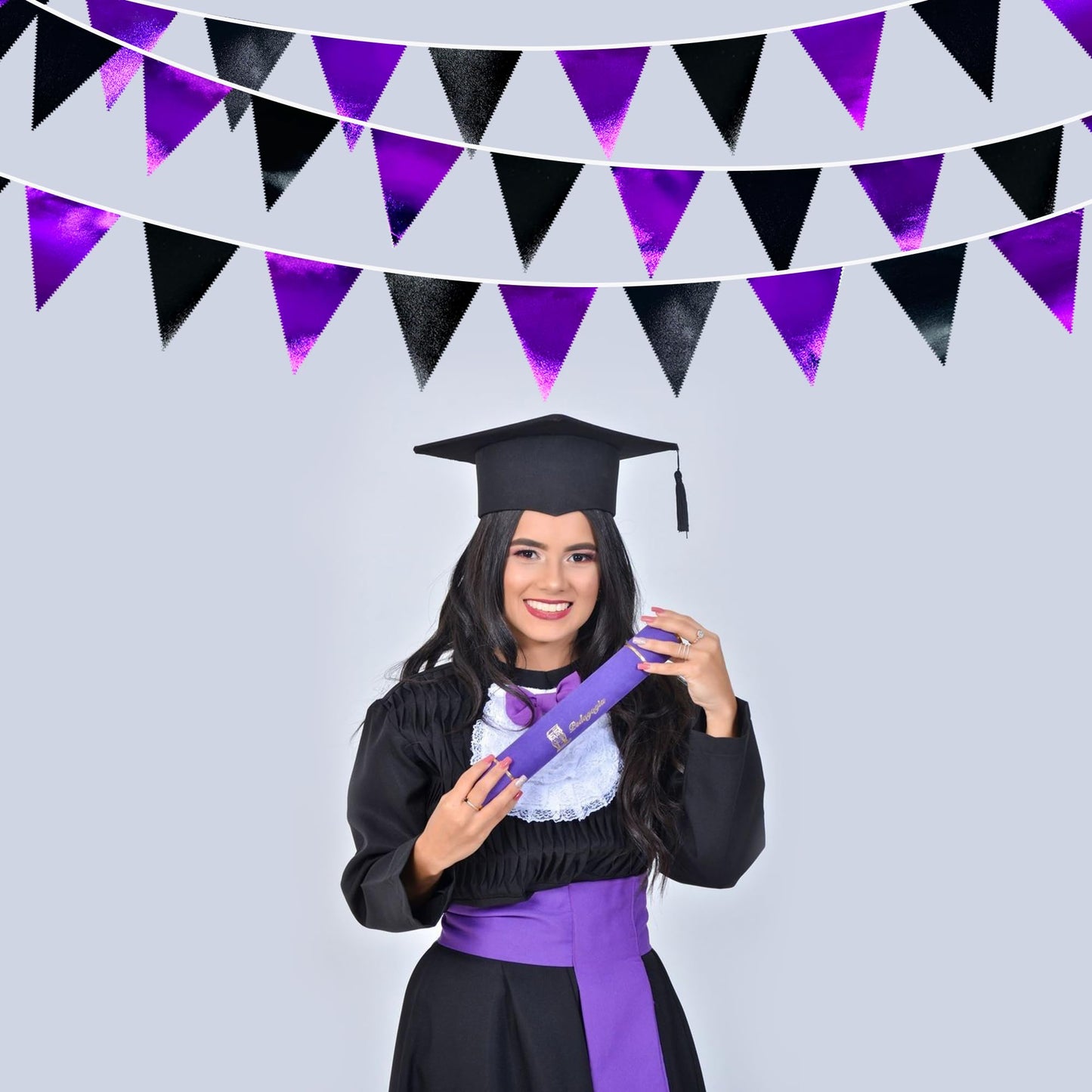 Purple and Black Party Decorations Metallic Fabric Triangle Pennant Banner Flag Bunting Garland for Graduations Birthday Retirement Wedding Baby Shower Bachelorette Halloween Outdoor Party Supplies
