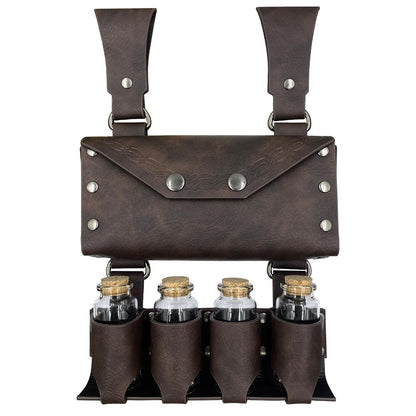 HiiFeuer Medieval Alchemy Faux Leather Belt Bag with 4 Cork Potion Vials, Fantasy Wizard Waist Pouch Side Pack for Ren Faire (Brown A)