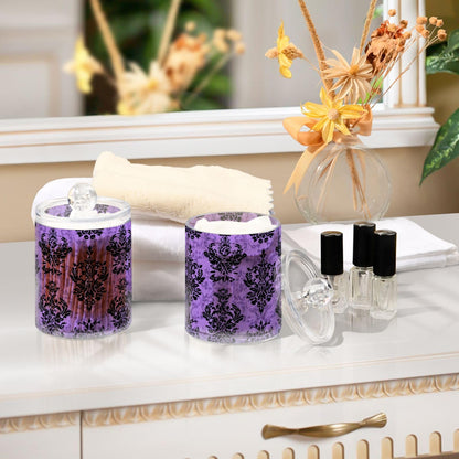 Halloween Purple Haunted Damask Qtip Holder Dispenser Qtip Apothecary Jar Plastic Bathroom Storage Canister 10 Oz for Cotton Ball Swab Round Pads Floss 2pc