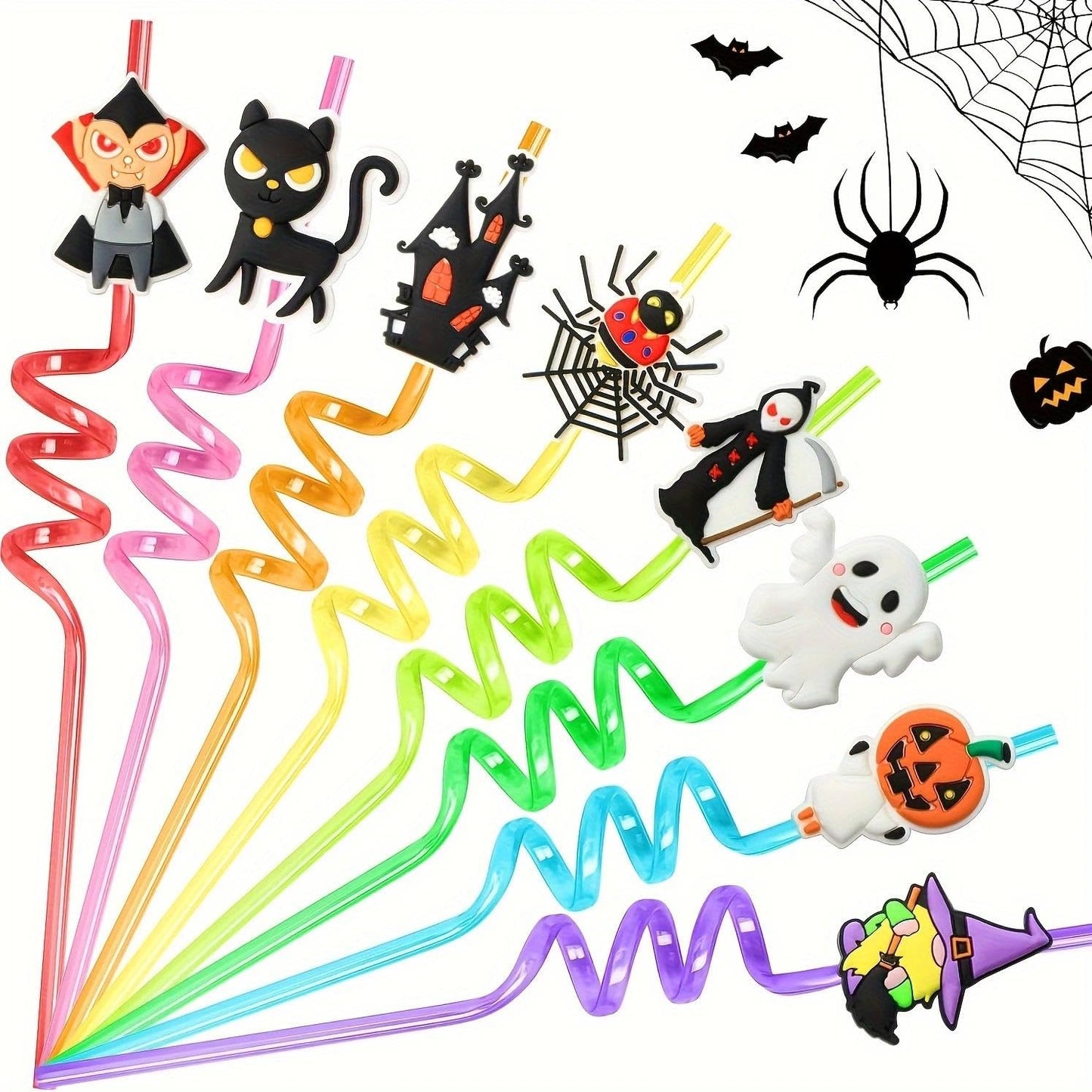 AFZMON 24 PCS Halloween Drinking Straws Reusable Pumpkin Skull Ghost Vampire Witch Plastic Beverages Cocktail Straw with Cartoon Decoration for Kids Halloween Party Supplies for Birthday Party Favors