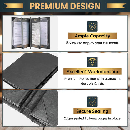 AMGSH 6 Pack 8 View Menu Holder Menu Covers 8.5" x 11" | Restaurant Menu Covers Diploma Cover Black Leather Menu Sleeves Book Style for Restaurant Coffee Bars Wine List Fit for Letter Size Paper