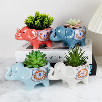 YINUOWEI Elephant Planter Cartoon Succulent Pots with Drainage 5.31 Inch Animal Planter Cute Plant Pots Succulent Planter Container Ceramic Flower Pots Perfect for Home Decor and Gifts, Set of 4