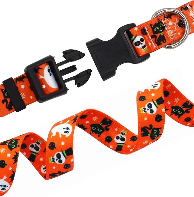 Mihqy Halloween Dog Collar - Pumpkin Bat Ghost Pattern - Adjustable for Small Medium Large Dogs(Halloween,M)