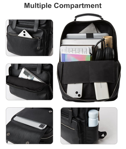 MOYYI Black Leather Backpack for Men Waterproof Fit 15.6 inch Laptop Backpack Work Commute Casual Daypack