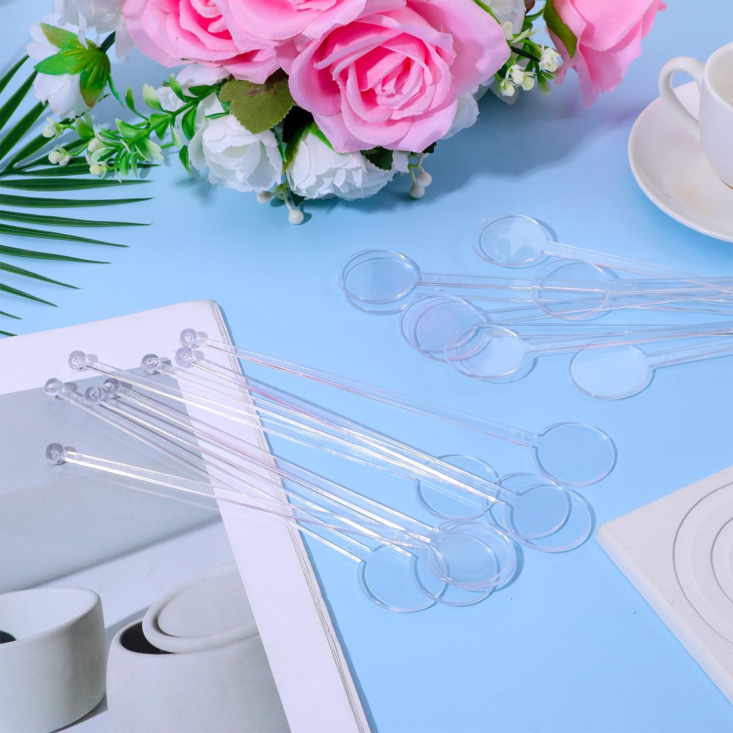 240 Pieces 7 Inch Cocktail Swizzle Sticks Transparent Coffee Stirrers Disposable Plastic Swizzle Sticks with Disc Top Drinks Mixing Rod for Coffee Whiskey Beverage, Clear