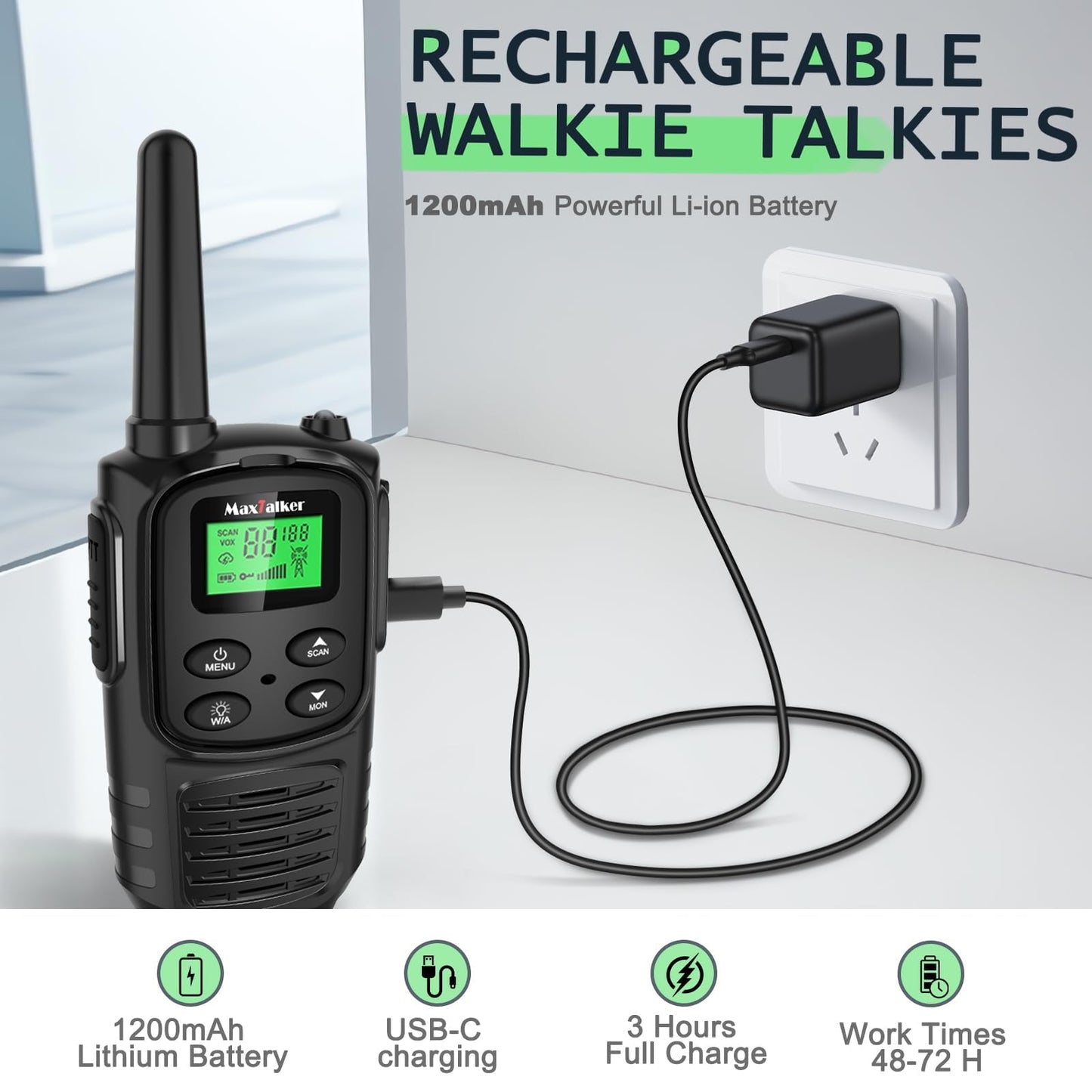 Walkie Talkies Long Range for Adult, MT10 Rechargeable Walkie Talkies FRS Two Way Radio, NOAA, 1200mAh Li-ion Battery USB-C Cable, LED Flashlight, VOX Walkie Talkie for Hiking Camping 2Pack