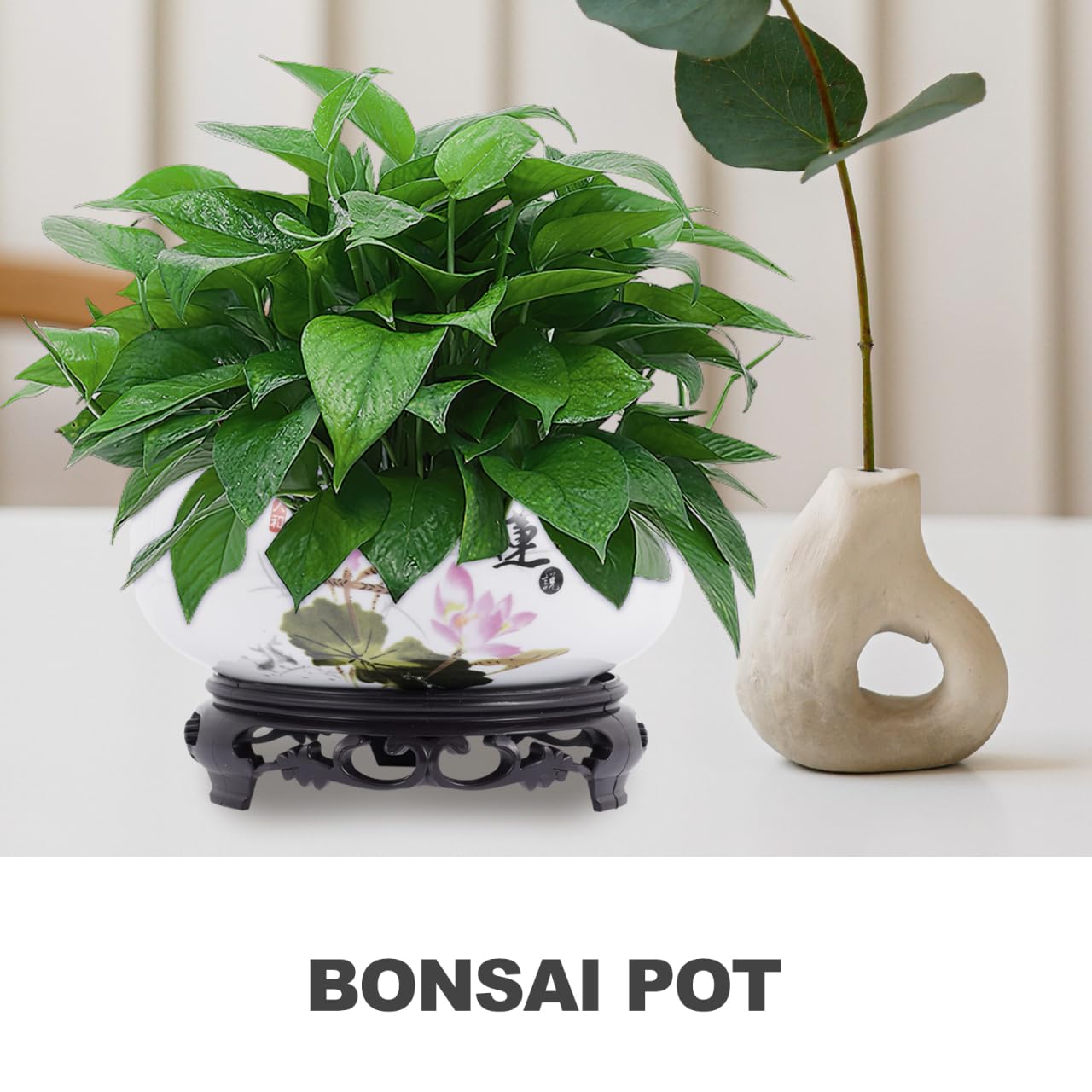 Kisangel Blue and White Porcelain Hydroponic Bonsai Pot with Base 6.69 Inch Non-Hole Indoor Planter for Lotus Flower Water Lilies Home Garden Decoration