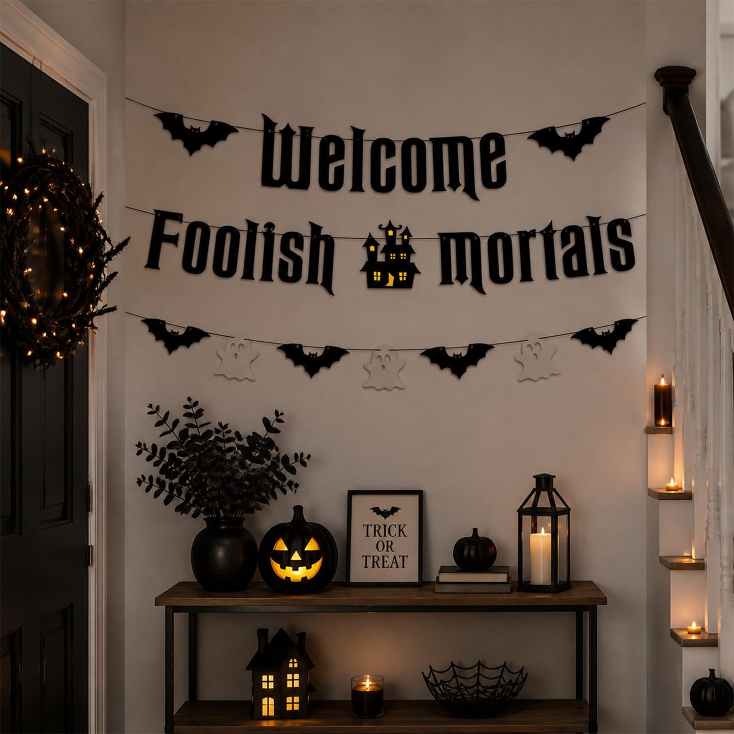 Welcome Foolish Halloween Mortals Banner Party Decorations Glitter Halloween Haunted House Gothic Mansion Decor Bat Spider Ghost Theme Sign for Indoor Laundry Room Farm Bar Home Wall Mantle Decor