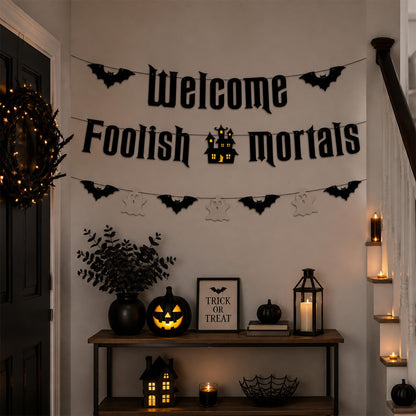 Welcome Foolish Halloween Mortals Banner Party Decorations Glitter Halloween Haunted House Gothic Mansion Decor Bat Spider Ghost Theme Sign for Indoor Laundry Room Farm Bar Home Wall Mantle Decor