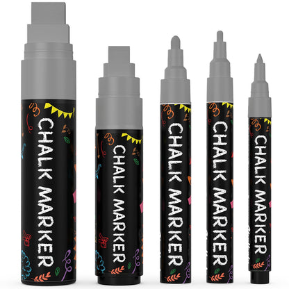 Chalkola 5 Grey Chalk Markers - Dry Erase Markers for Blackboard, Chalkboard Signs, Windows, Glass, Car | Variety Pack - Chalkboard Chalk Pens, Fine & Jumbo Size Ink Pen (1mm, 3mm, 6mm, 10mm, 15mm)