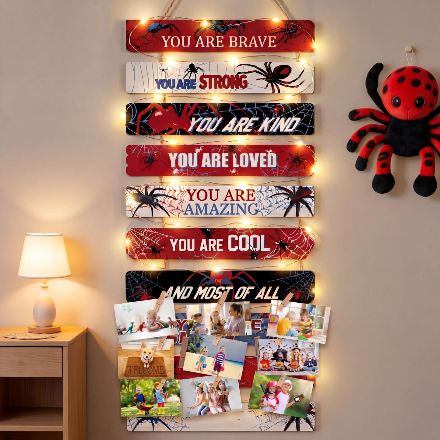 Threehoney Spider Room Decor with LED Lights for Boys Bedroom Wall Decor, Inspirational Spiders You Are Brave Wall Lights Art Decorations for Little Boy Kids Teen Room Playroom Sign Birthday Gifts