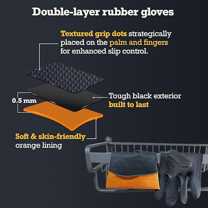Heavy-Duty Thick Black Rubber Cleaning Gloves, 3 Pairs, M | Reusable & waterproof black/orange dual layers. Non-slip design for dishwashing, kitchen cleaning, and auto care.