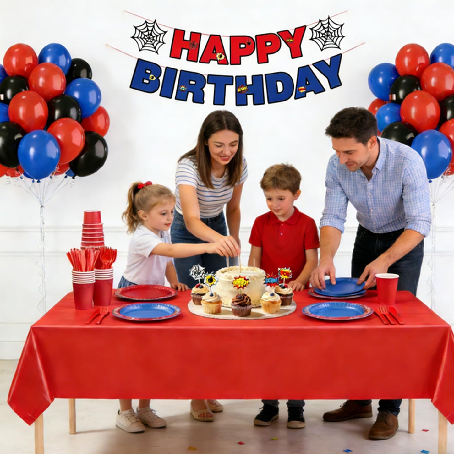 202Pcs Spider Birthday Decorations Party Supplies, Includes Plates Napkins Cups Cutlery Banner Balloons Cake Toppers, Serve 24