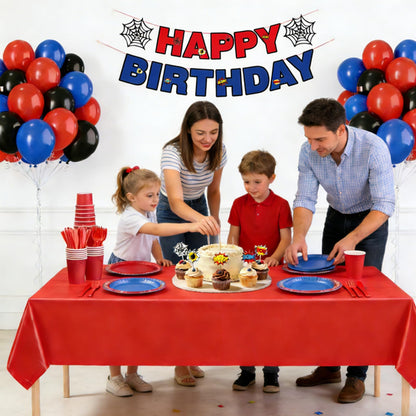 202Pcs Spider Birthday Decorations Party Supplies, Includes Plates Napkins Cups Cutlery Banner Balloons Cake Toppers, Serve 24