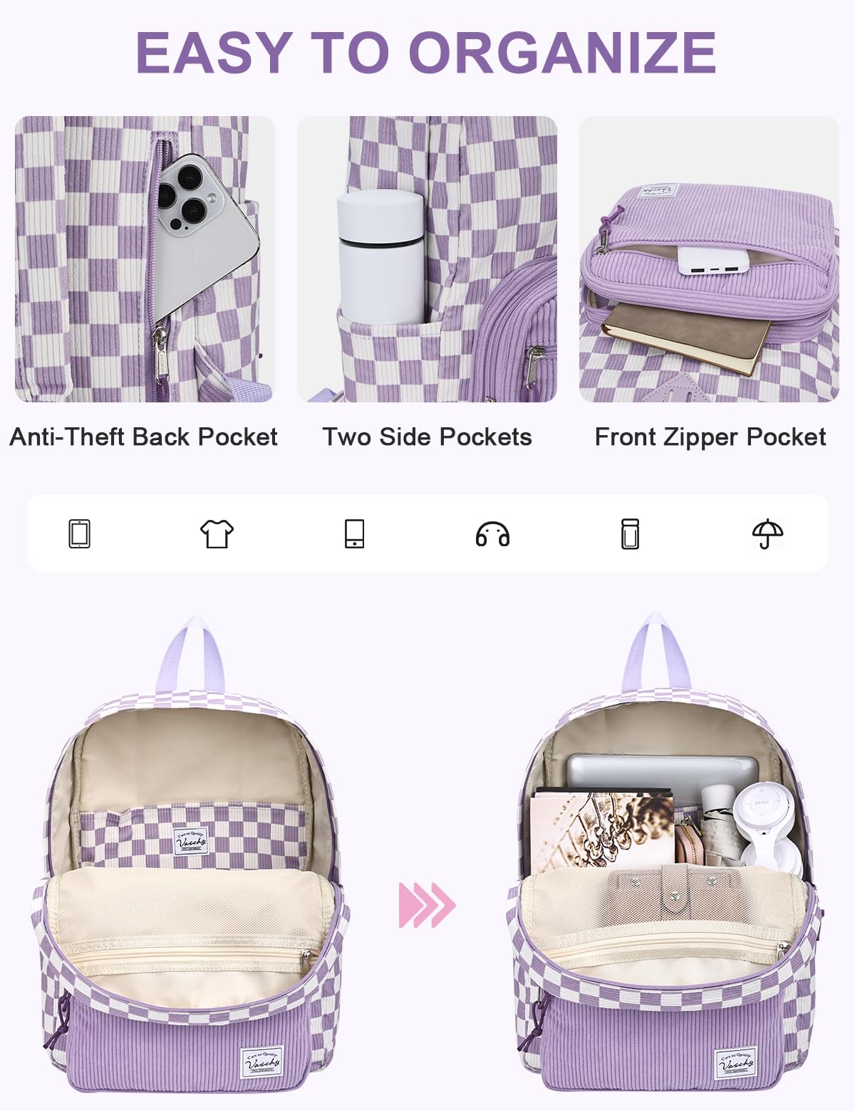 VASCHY Corduroy Backpack for Girls, Lightweight School Bag for Elementary, Middle & High School, Teen Bookbag, Women’s Casual Travel Daypack Purple Plaid